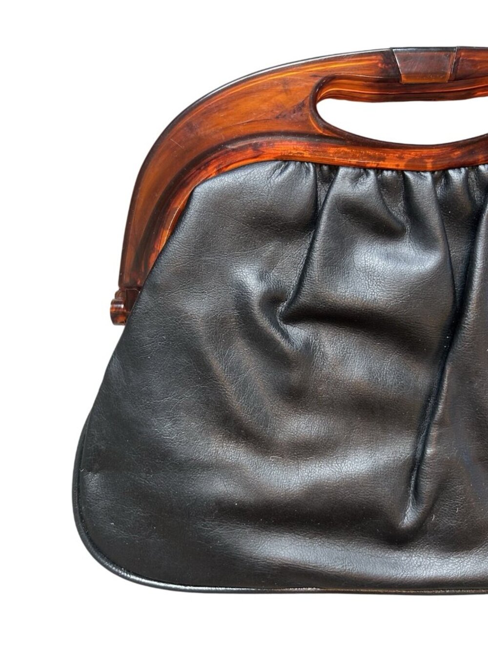 Vintage Black Leather Handbag Tortoiseshell Lucite Frame Clutch Purse Retro MCM - Picture 7 of 16